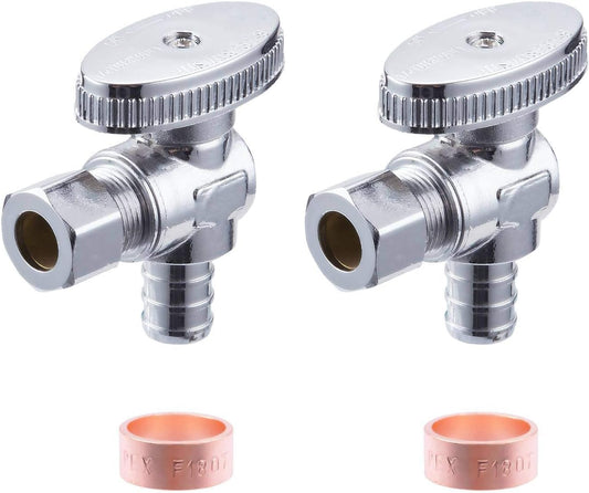 2 Pack Premium Lead-Free Brass 1/2 Inch Pex X 3/8 Inch OD Compression Quarter Turn Angle Stop Valve with 2 PCS PEX Clamp Ring